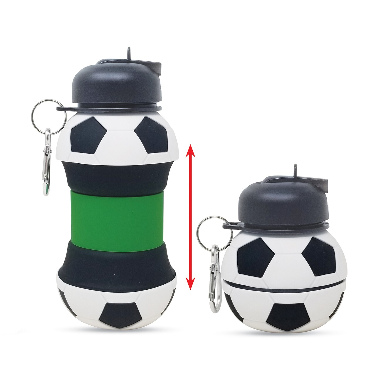 Collections Etc Soccer Ball Shaped Collapsible Water Bottle with Carabiner
